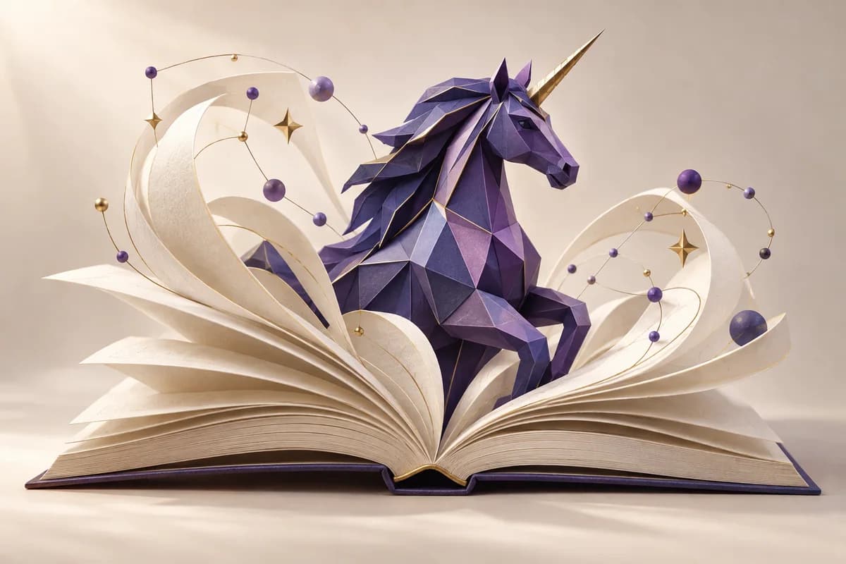 Faceted violet unicorn emerging from an open book